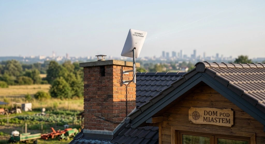 Dom pod miastem z anteną Starlink – internet satelitarny